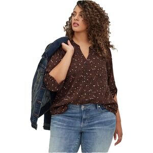 Torrid Women's Brown Pink White Heart Leaf V-Neck 3/4‎ Sleeve Top Size 2